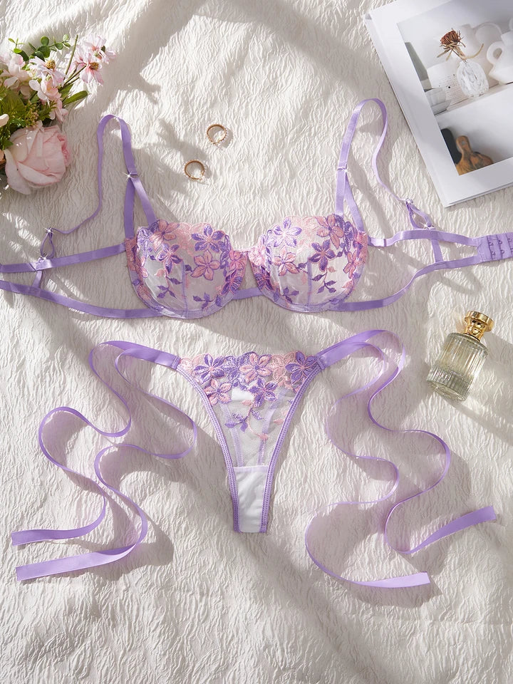 Sexy Bra & Panty Set – Purple Tulle Transparent Lingerie for Women