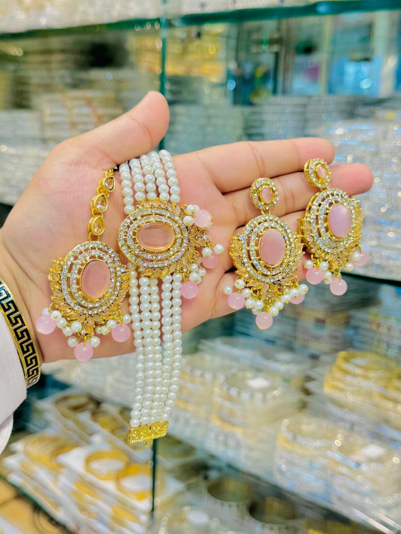 Gold Plated Bridal Jewelry Set – Pearl Beaded Bracelet with Matching Earrings | Traditional Wedding Jewelry