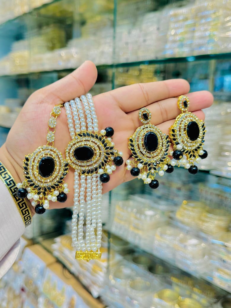 Gold Plated Bridal Jewelry Set – Pearl Beaded Bracelet with Matching Earrings | Traditional Wedding Jewelry