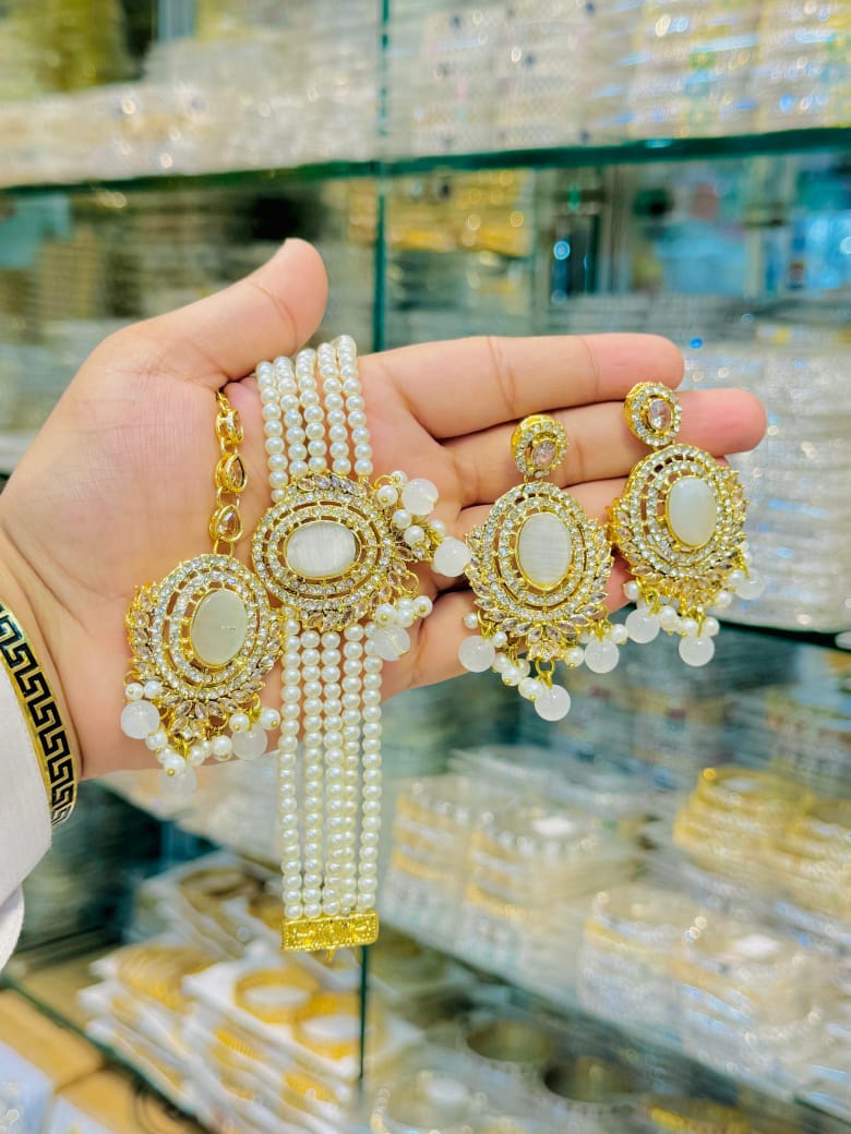 Gold Plated Bridal Jewelry Set – Pearl Beaded Bracelet with Matching Earrings | Traditional Wedding Jewelry