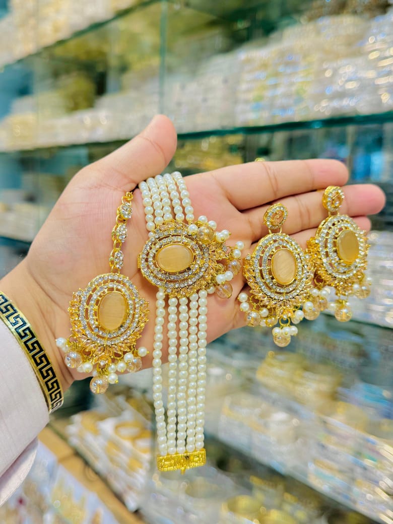 Gold Plated Bridal Jewelry Set – Pearl Beaded Bracelet with Matching Earrings | Traditional Wedding Jewelry