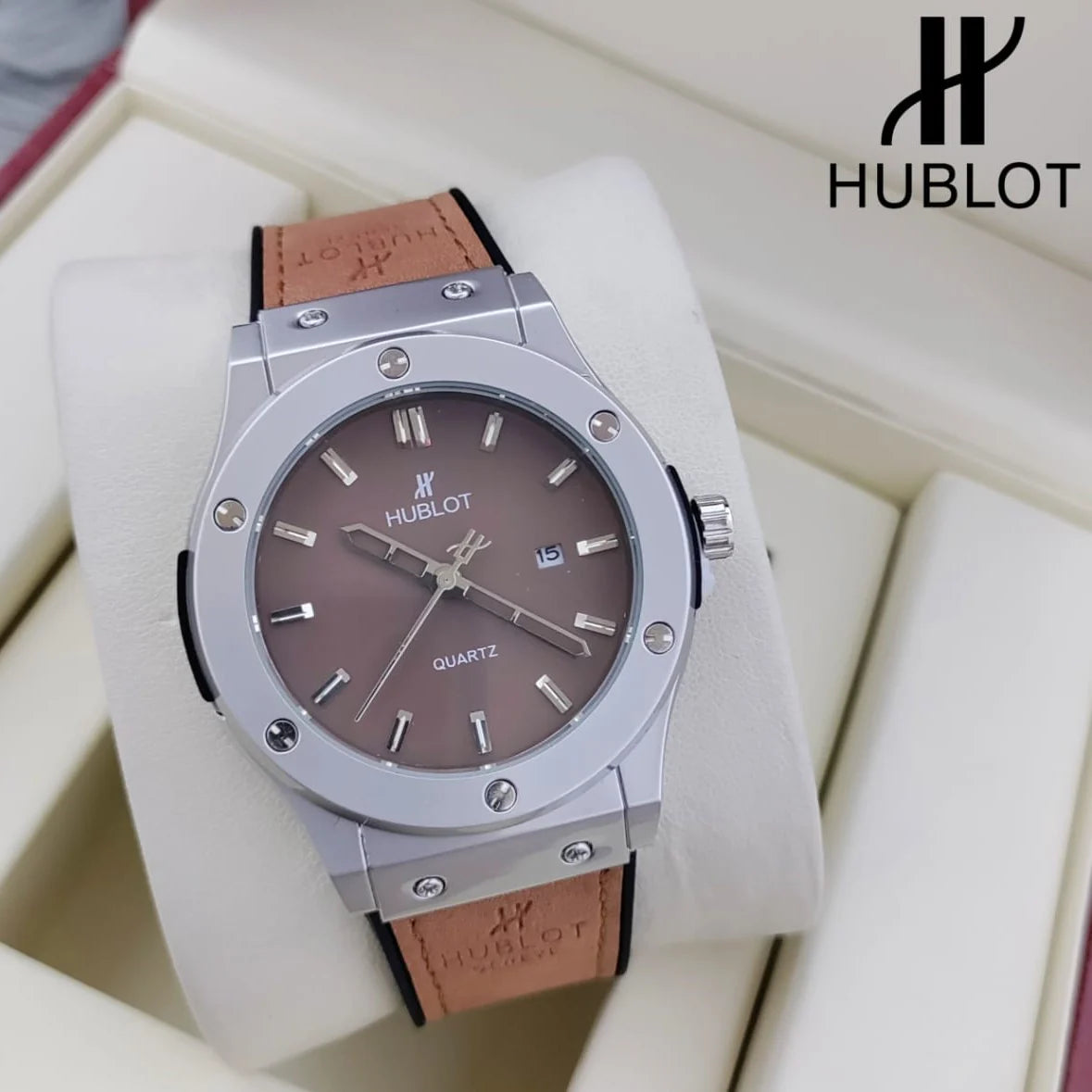 Hublot Style Quartz Men’s Watch – Brown Dial, Stainless Steel Case, Luxury Business Wristwatch