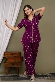 Women’s Purple Printed Shirt & Pyjama Set – Stylish Nightwear