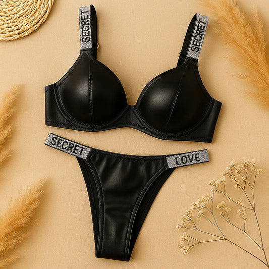 Flourish Black Faux Leather Bra & Panty Set – Padded with Rhinestone Straps