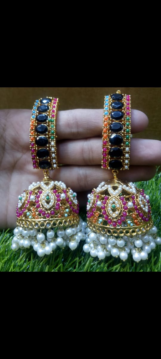 ✨ Multicolor Stone & Pearl Traditional Jumka Earrings – Handmade Ethnic Jewelry