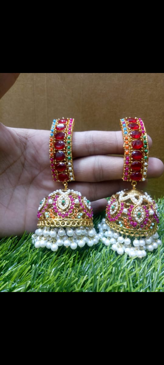✨ Multicolor Stone & Pearl Traditional Jumka Earrings – Handmade Ethnic Jewelry