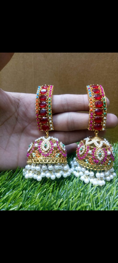 ✨ Multicolor Stone & Pearl Traditional Jumka Earrings – Handmade Ethnic Jewelry