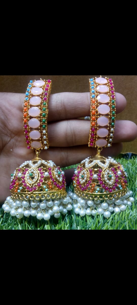 ✨ Multicolor Stone & Pearl Traditional Jumka Earrings – Handmade Ethnic Jewelry