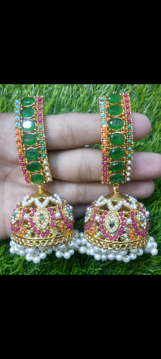 ✨ Multicolor Stone & Pearl Traditional Jumka Earrings – Handmade Ethnic Jewelry