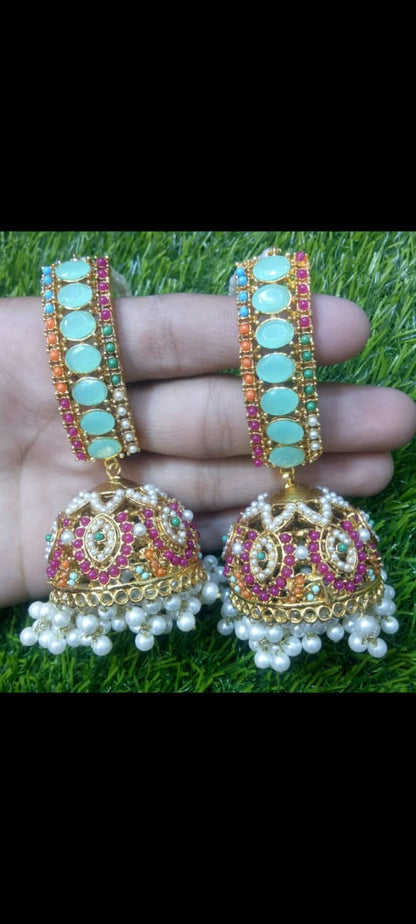 ✨ Multicolor Stone & Pearl Traditional Jumka Earrings – Handmade Ethnic Jewelry