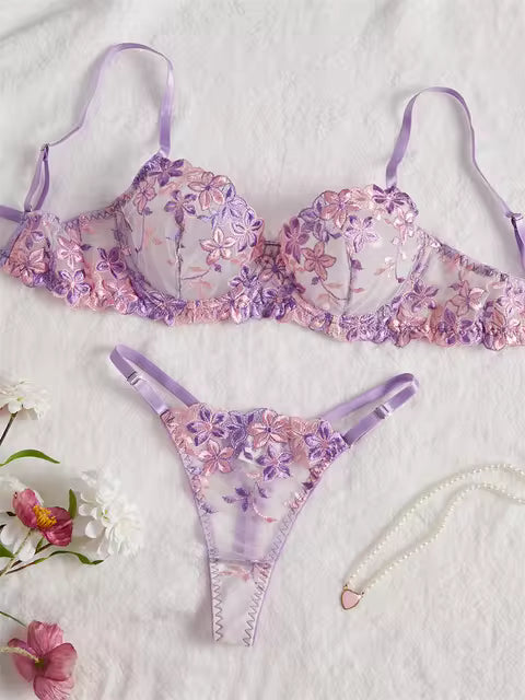 Sexy Bra & Panty Set – Purple Tulle Transparent Lingerie for Women