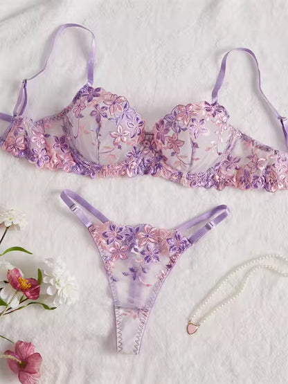 Sexy Bra & Panty Set – Purple Tulle Transparent Lingerie for Women