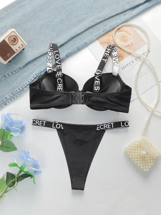 Flourish Black Faux Leather Bra & Panty Set – Padded with Rhinestone Straps
