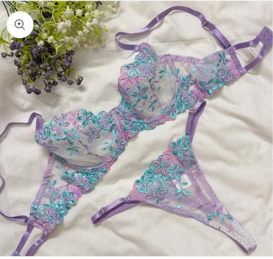 Sexy Bra & Panty Set – Purple Tulle Transparent Lingerie for Women