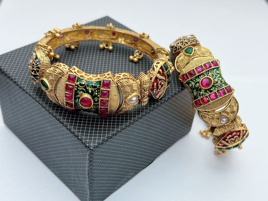 Rajwari  Art Gold Plated Bangle Set – Pota Stone & Pearl Openable Design