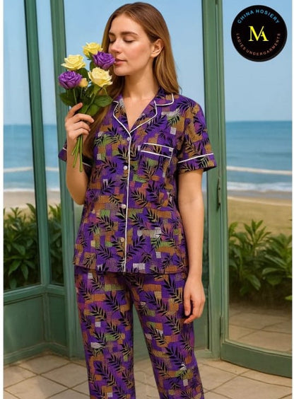 Women’s Purple Printed Shirt & Pyjama Set – Stylish Nightwear