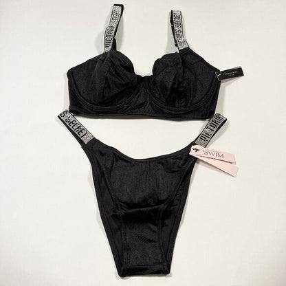 Flourish Black Faux Leather Bra & Panty Set – Padded with Rhinestone Straps