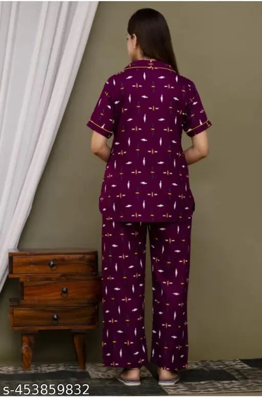 Women’s Purple Printed Shirt & Pyjama Set – Stylish Nightwear